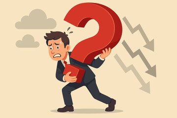 Obraz premium Businessman Carrying Giant Question Mark Burden, Stress and Anxiety Concept, Overcoming Mental Barriers, Breaking Comfort Zones, Facing Challenges, Personal Growth, Vector Cartoon Illustration