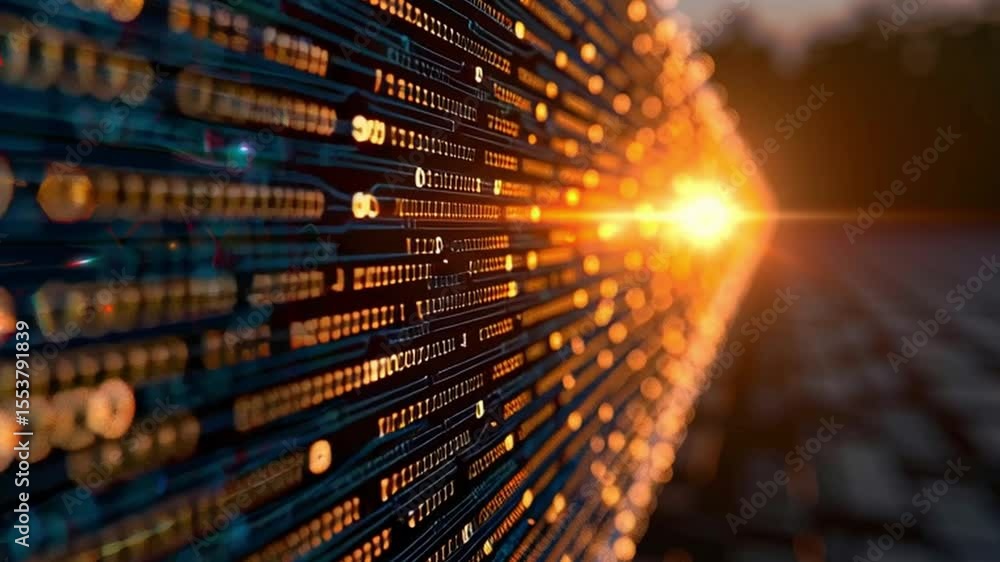 Poster vibrant digital landscape of binary data streams illuminated by warm sunset glow, symbolizing innova