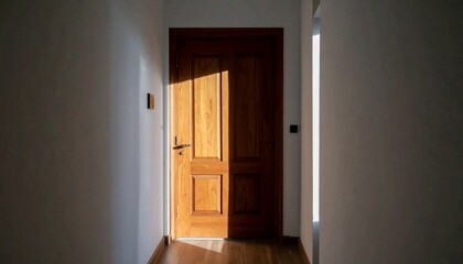 Closed Door Half-Lit in Narrow Hallway