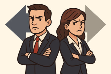 Business conflict concept. Angry man and woman disagree. Partnership dispute. Colleagues with opposing views. Different directions metaphor with arrows. Vector cartoon illustration.