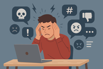 Online harassment man resisting cyberbullying and psychological pressure. Vector cartoon illustration of mental health. Sad, angry emoji, skull, dislike, and chat symbols.