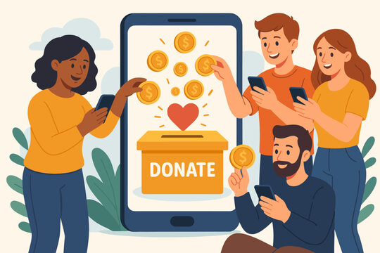 Diverse people group making charity donations online via smartphones, contributing money to fundraising causes. Digital giving, mobile philanthropy, community support.