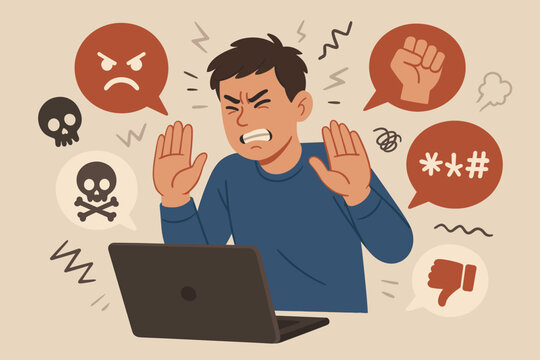Cyberbullying Concept Man Resisting Online Harassment and Verbal Abuse. Negative Social Media Reactions, Hate Speech, Psychological Pressure, Internet Safety, Mental Health Vector Illustration - Powered by Adobe