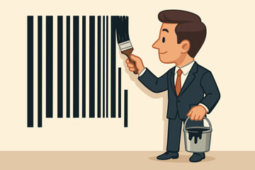 Businessman Painting Barcode on Wall Concept for Rebranding, Corporate Identity Change, Innovation, Marketing Strategy, Brand Transformation, Modern Business Vector Cartoon Illustration