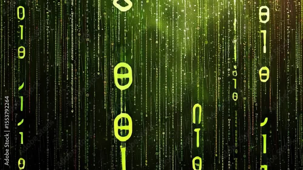 Poster digital green matrix cascading binary code and technology in futuristic data atmosphere