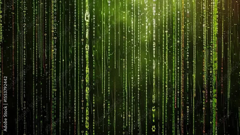 Poster digital matrix of green binary code cascading technology of data and numbers in futuristic atmospher