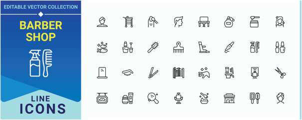Barber Shop related icon set. Contain linear sign barbershop, grooming, barber, hair salon, hairstyle and more. Salon modern icon set. Vector outline icons collection. Editable vector stroke.