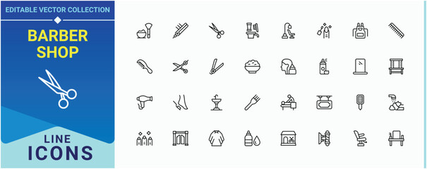 Barber Shop related icon set. Contain linear sign barbershop, grooming, barber, hair salon, hairstyle and more. Salon modern icon set. Vector outline icons collection. Editable vector stroke.