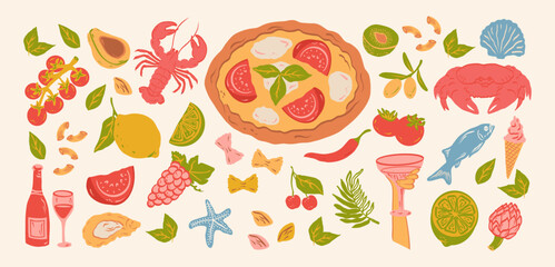 Hand drawn mediterranean food illustration set. Minimalist line art. Pasta, olive, pizza, tomato, lemon, crab, lobster, grapes, wine for invitations, menus, parties. Vector.
