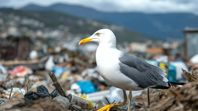 Detailed scene showing a seagull surrounded by discarded household waste, cans, and shredded packaging at a landfill, underscoring the intersection of nature and human environmenta