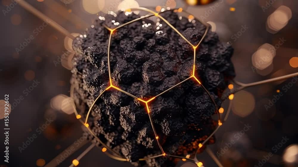 Poster exploring abstract texture of dark glowing sphere network of technology and innovation in digital un