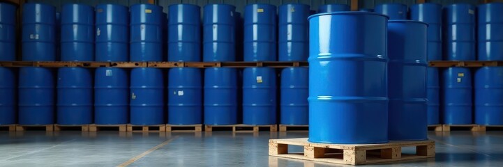 Big blue barrel on wooden pallet stacked high, loading, big blue barrels, delivery