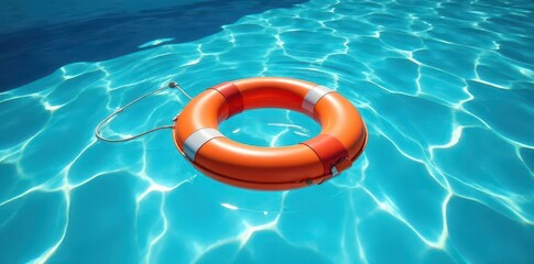 Bright orange life preserver afloat in a sparkling blue pool , hot, pool, carefree