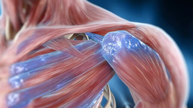 Precise anatomical sketch of shoulder muscles and bones, featuring overlays of common injury zones including impingement syndrome and arthritis-related wear. Educational design sui