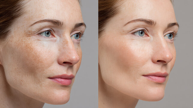 Woman with blemish skin and radiant skin after retouch: Before and after beauty retouch showcase the woman radiant skin after skincare for perfect skin.