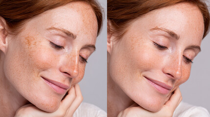 Skin Transformation: A side-by-side view shows a woman with radiant red hair and freckled skin undergoes a remarkable transformation, highlighting skin enhancement.