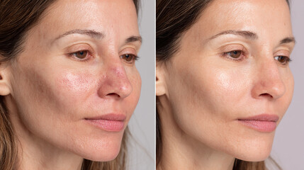 Before & After Skincare: Dramatic transformation showcasing improved skin texture and clarity. A woman's face, before and after skincare treatment, reveals a radiant complexion.