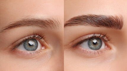Fototapeta premium Eyebrow Transformation: A close-up, side-by-side comparison showcasing the artistry and subtle changes of expertly shaped and enhanced eyebrows.