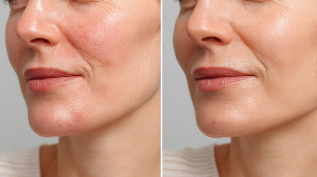 Before & After Skin Treatment:  A split image showcasing a woman's face before and after a cosmetic treatment, highlighting improved skin texture and reduced wrinkles.