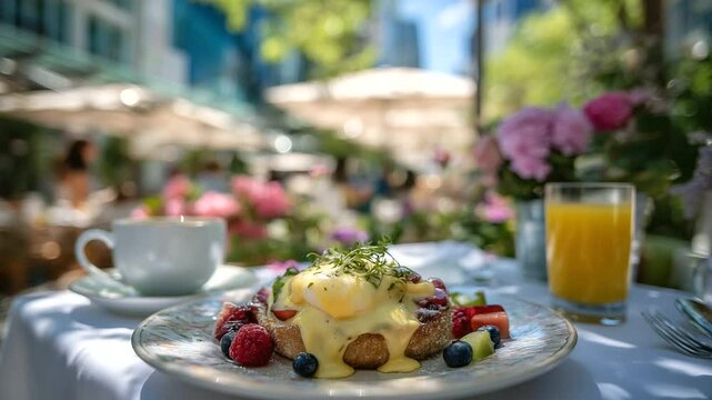 Bright, airy outdoor caf&eacute; scene with white tableware presenting steaming eggs benedict and a refreshing fruit bowl. The orange juice catches the light, casting a golden glow across