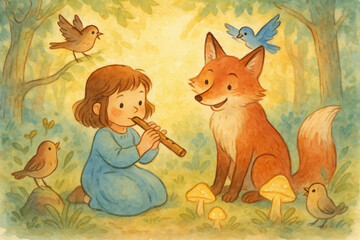 Magical Encounter – Girl and Fox in Enchanted Meadow