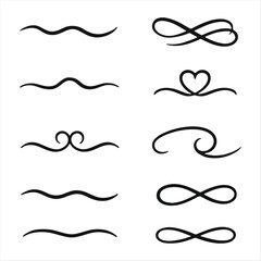 Swoosh and swash, swish vector line icon, black underline set, hand drawn swirl and curly text elements. Doodle retro collection isolated on white background.