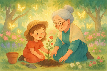 Girl Gardening with Grandma – Nature Bond