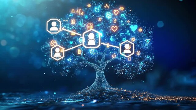 Digital tree growing sustainable development goals icons representing global partnership for sustainable development, glowing in futuristic blue background with bokeh effect