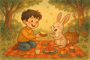 Boy Sharing a Picnic with a Bunny in the Forest
