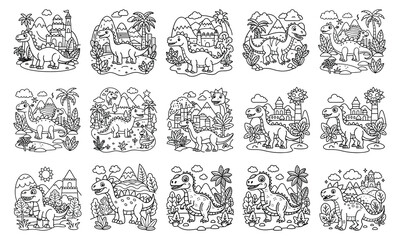 Dinosaur Doodle Land Coloring Page Featuring Detailed Line Art, Perfect for Kids&rsquo; Relaxation and Stress Relief, Ideal for Coloring Books or Printable Art Therapy, High-Quality Illustration Design.