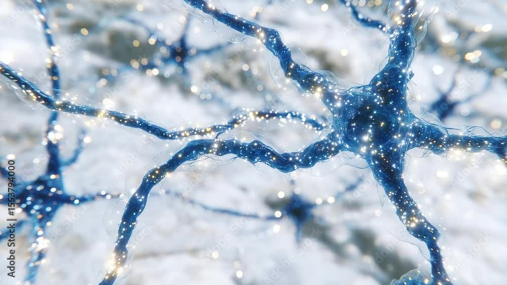 Poster scientific art depiction of neuron interaction, electric sparks at synapses linking dendrites in a s