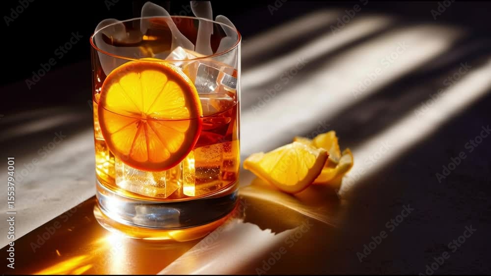 Poster enjoying a refreshing beverage with ice and orange in a warm sunlight setting