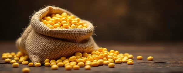 A burlap sack overflowing with gleaming gold beans , gold, wealth symbol, valuable