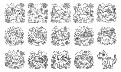Dinosaur Doodle Land Coloring Page for Kids, Detailed Line Art Design Perfect for Relaxation and Stress Relief, Ideal for Kid Coloring Books or Printable Art Therapy Activities, High-Quality Illustrat