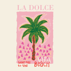hand drawn palm Leaves background. palm tree  design.summer t shirt  design.  tropical print design. california long beach typogaphy graphics