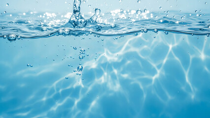 Abstract blue water splash with bubbles and light reflections