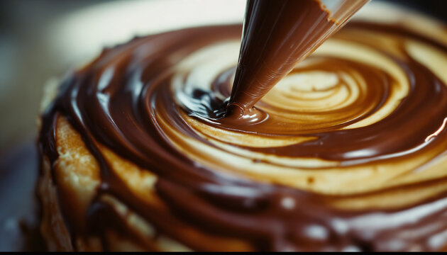 Close-up of chocolate frosting being swirled onto a layered cake, ideal for dessert blogs, bakery websites, and gourmet food marketing headers