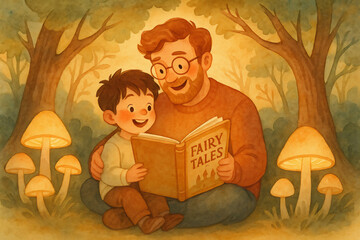 Father Reading to Son by the Lamp – Gentle Family Moment