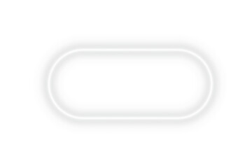 Bright white neon glowing rectangle with full rounded corner frame and empty space light effect on transparent background for banner design template or digital graphic layout