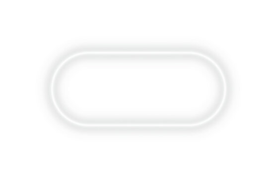 Bright white neon glowing rectangle with full rounded corner frame and empty space light effect on transparent background for banner design template or digital graphic layout