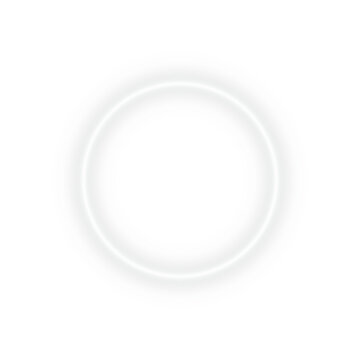 Bright white neon glow circular ring circle frame border with empty center space and glowing light effect on transparent background for abstract futuristic digital design