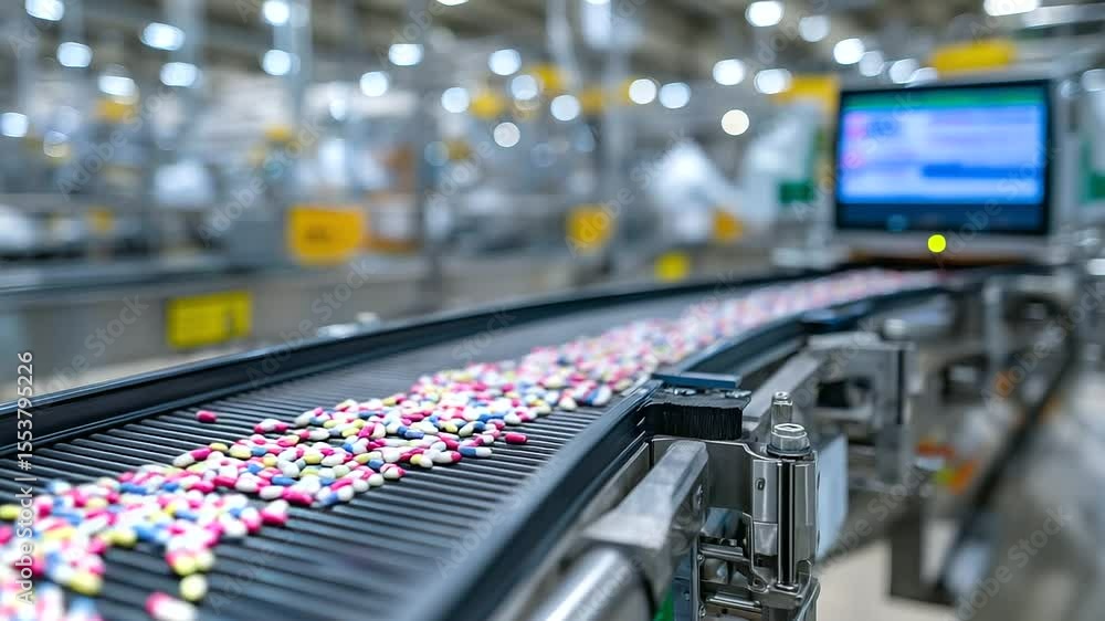Poster close-up view of colorful pills neatly arranged on a moving conveyor system, passing under precision