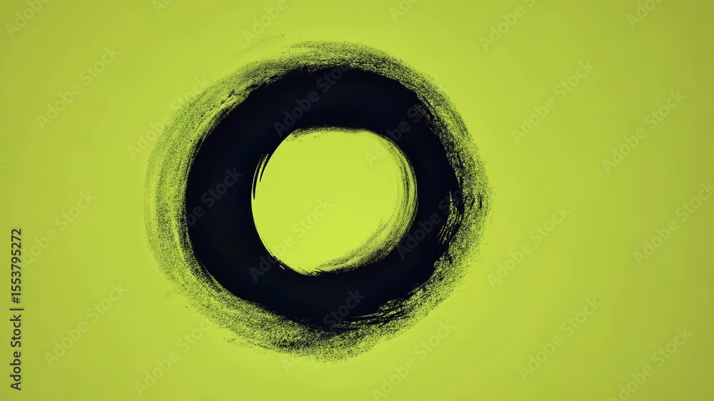 Poster black circle growing larger and creating a ring with dynamic brushstrokes on a vibrant green screen,
