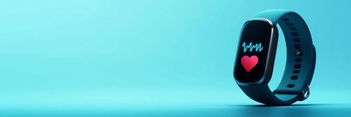 Smart fitness tracker with heart rate icon banner for health blog or tech website header, bright cyan background, 3:1 banner image with copy space on left