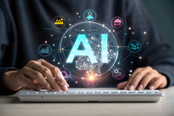 Person using keyboard, futuristic AI interface, glowing network, data analysis, technology concept.