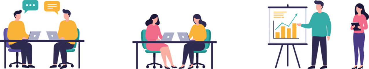 People working and dining in silhouette with colorful paint brush splashes