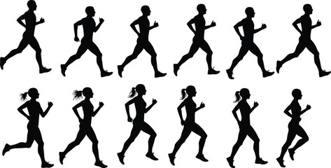 Silhouettes of men and women playing sports and running in a vector illustration