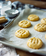 Warm Golden Shortbread Cookies Fresh from the Oven on Baking Tray with Flour Dusting, Rustic Kitchen Dessert Comfort and Sweet Indulgence
