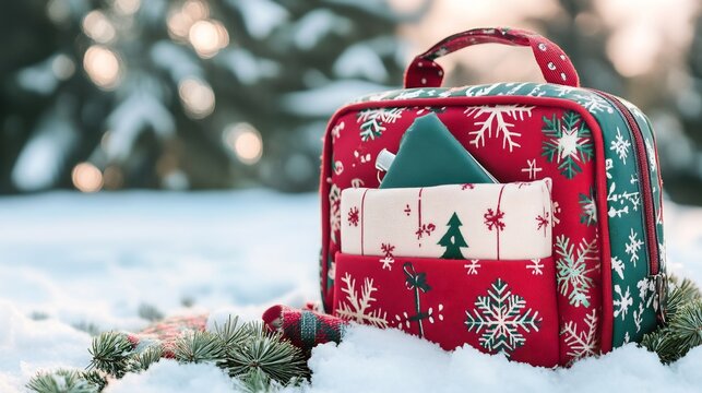 Christmas themed first aid kit with red and green packaging cozy holiday patterns and winter specific essentials providing peace of mind for holiday travelers and family gatherings