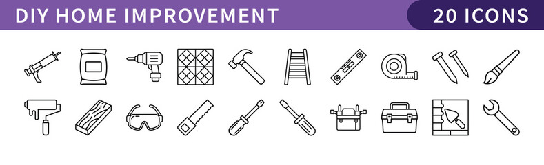 DIY Home Improvement Icons Set, A collection of 20 icons representing DIY home improvement tools and projects, including drills, hammers, paintbrushes, and safety gear.
